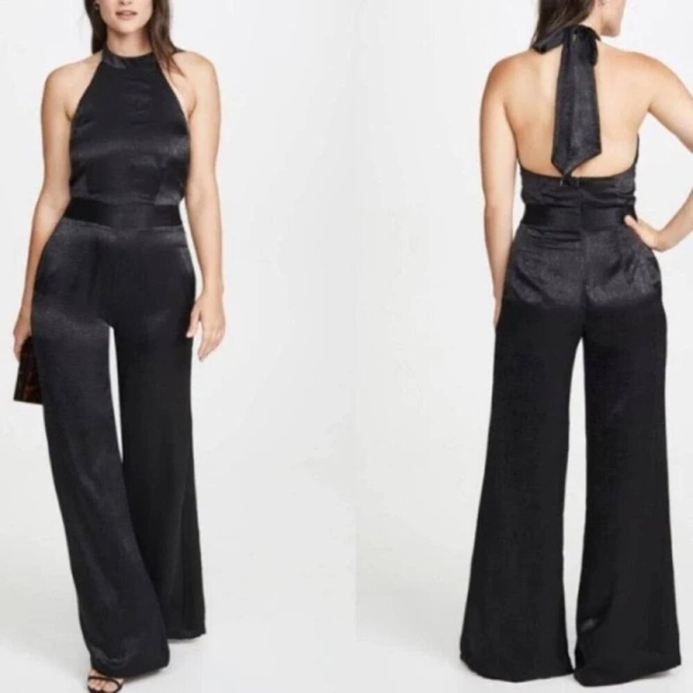 MISA $395 Xandra Black Hammered Satin Wide Leg Halter Jumpsuit